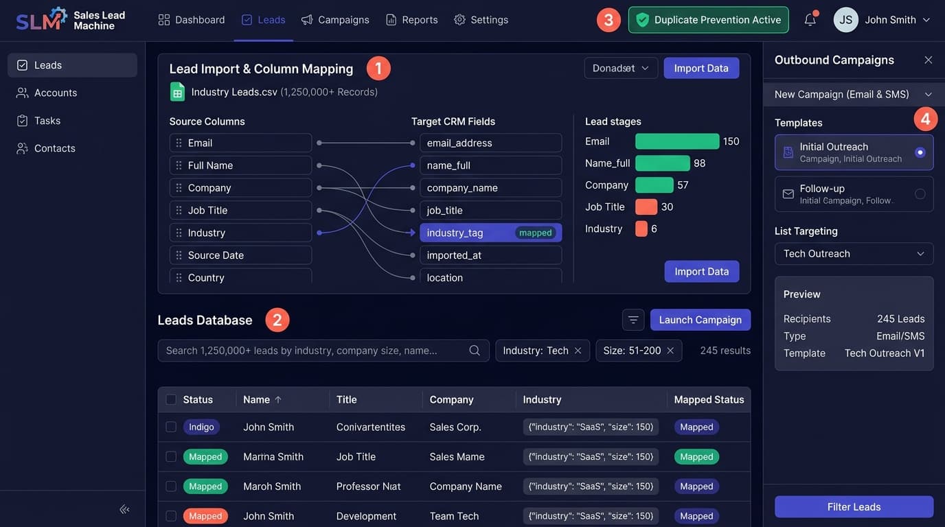 Sales Lead Machine — Dynamic Column Mapping, TSVECTOR Lead Search & Outbound Campaign Interface